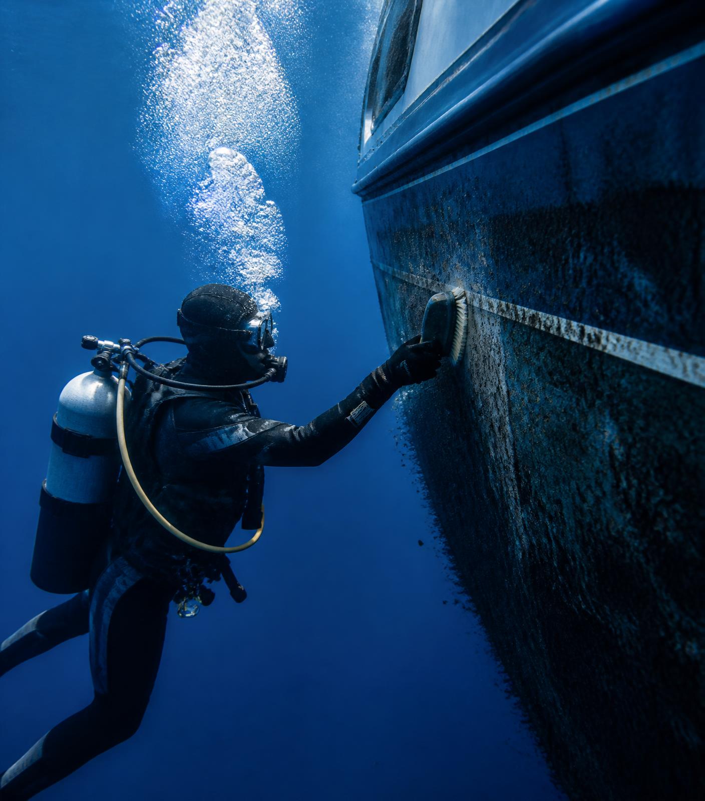 Diver scrubbing hull underwater